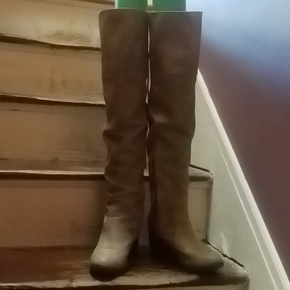 Tall Boots (24") with 2.5 heel in taupe faux leather size 8.